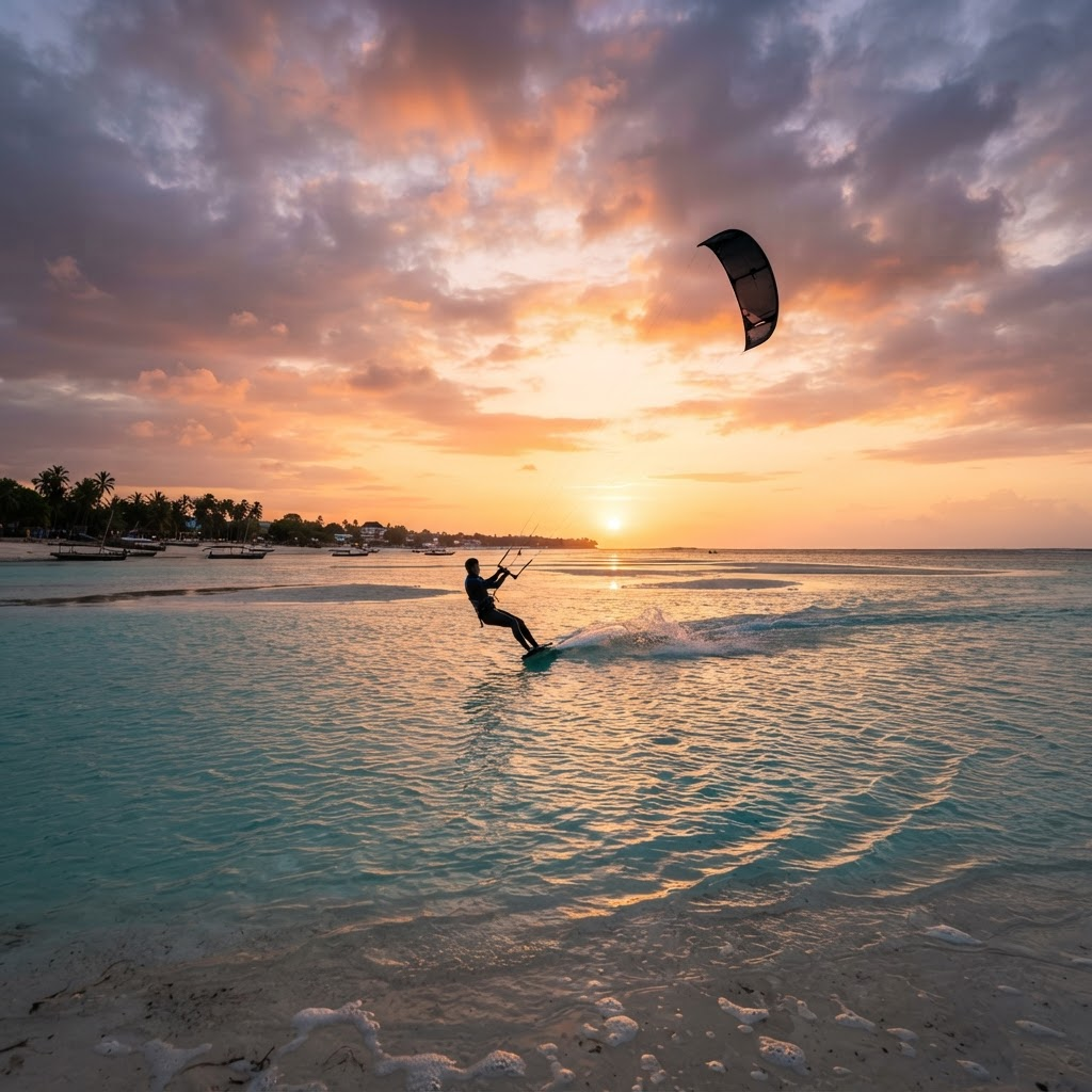 Kite surfer gliding across a Zanzibar lagoon at sunset