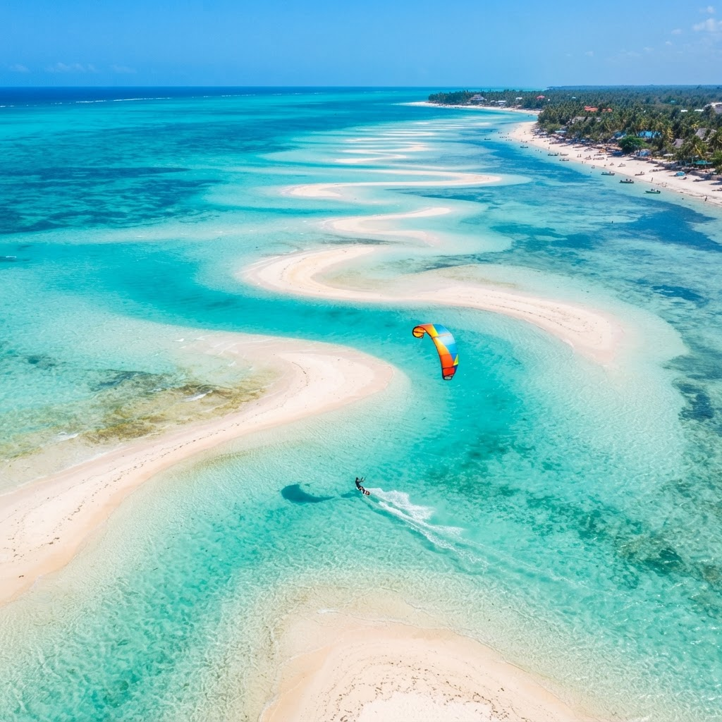Aerial view of Paje sandbar at low tide